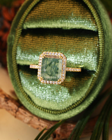 THISTLE Halo Emerald Shaped Moss Agate Engagement Ring