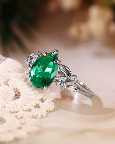WINOLA Nature Inspired Pear Cut Emerald Leaf Engagement Ring