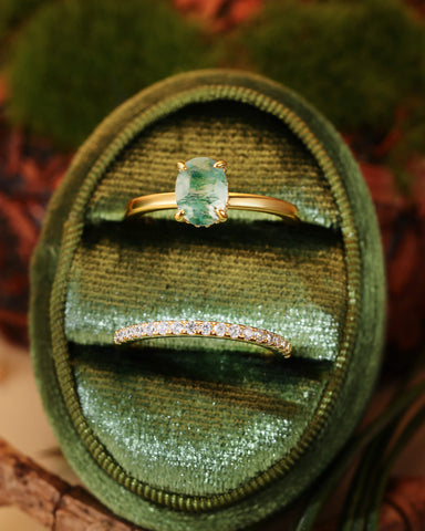 GOLDIE Oval Cut Hidden Halo Moss Agate Ring Set