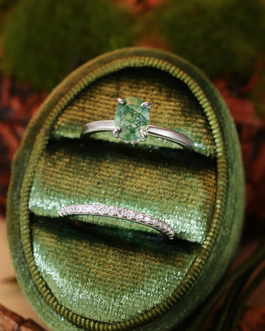 GOLDIE Oval Cut Hidden Halo Moss Agate Ring Set