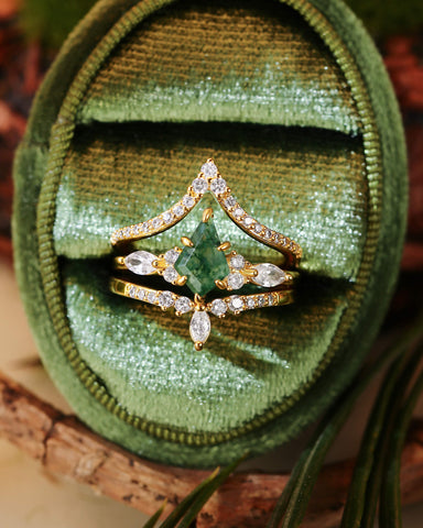 ELYSIA Vintage Kite Cut Moss Agate Engagement Ring Set