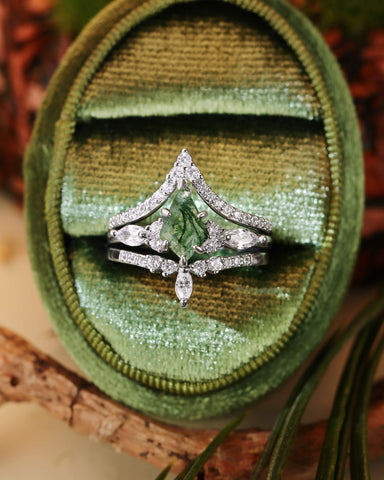 ELYSIA Vintage Kite Cut Moss Agate Engagement Ring Set