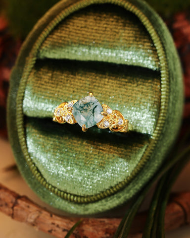 BREEZE Leaf Cushion Shaped Moss Agate Engagement Ring