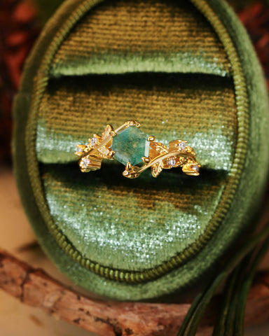 IVA Bypass Hexagon Cut Moss Agate Engagement Ring with Vine Leaf