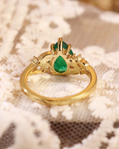 WINOLA Nature Inspired Pear Cut Emerald Leaf Engagement Ring