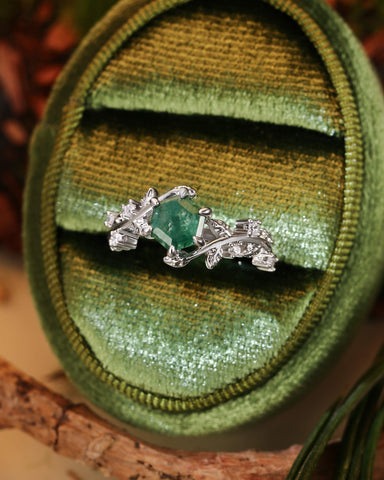 IVA Bypass Hexagon Cut Moss Agate Engagement Ring with Vine Leaf