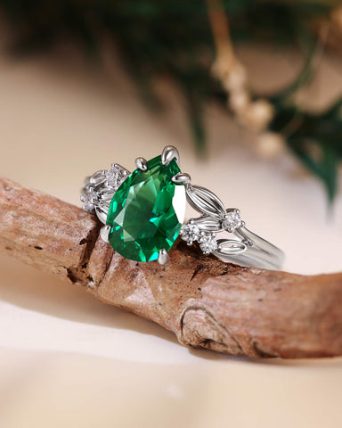 WINOLA Nature Inspired Pear Cut Emerald Leaf Engagement Ring