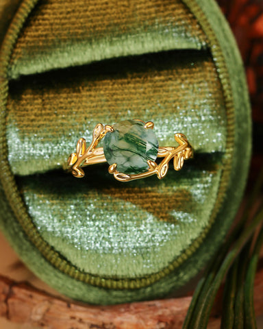 CHLORIS Round Cut Moss Agate Natural Inspired Leaf Engagement Ring