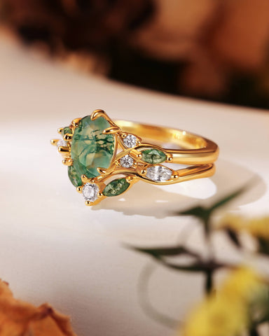 WINONA Oval Moss Agate Engagement Ring Set Cluster Moissanite Moss Agate Bridal Set