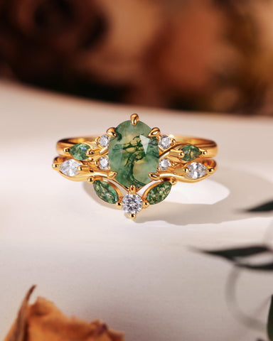 WINONA Oval Moss Agate Engagement Ring Set Cluster Moissanite Moss Agate Bridal Set