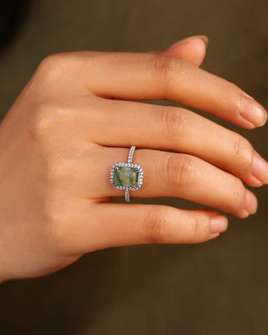 THISTLE Halo Emerald Shaped Moss Agate Engagement Ring