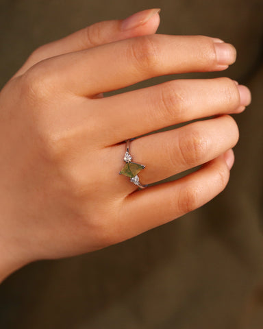 ELODIE One Of A Kind Kite Cut Moss Agate Engagement Ring