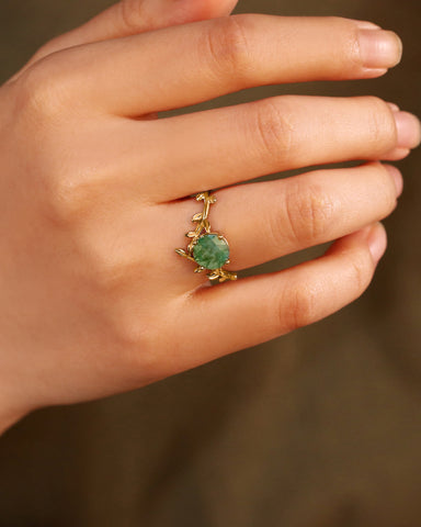 LORELEI Round Shaped Moss Agate Leaf Vine Engagement Ring