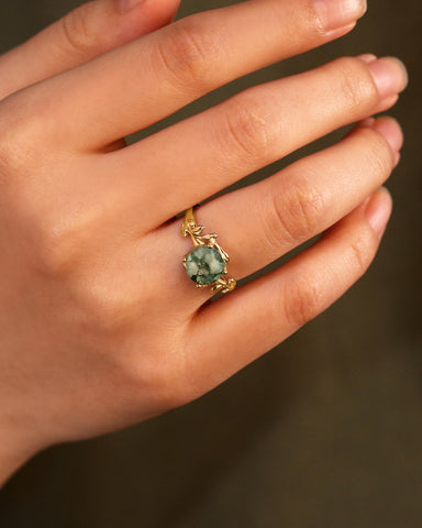 CHLORIS Round Cut Moss Agate Natural Inspired Leaf Engagement Ring