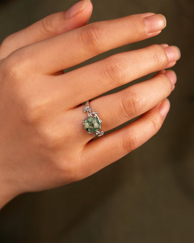 CHLORIS Round Cut Moss Agate Natural Inspired Leaf Engagement Ring