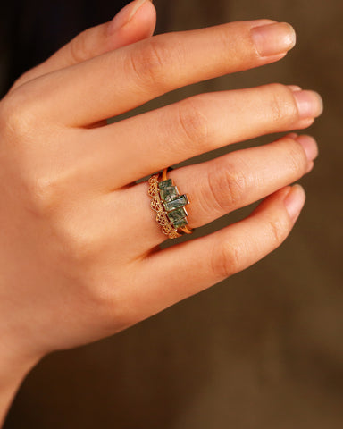 LAPIVERE Elongated Baguette Moss Agate Engagement Ring Set Vintage Bridal Ring