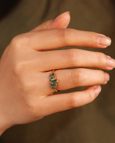 THALLAION Vintage abreast Baguette Moss Agate Engagement Ring