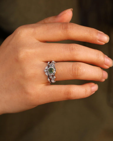 NIPOT Rose Blossom Moss Agate Leafy Engagement Ring Set