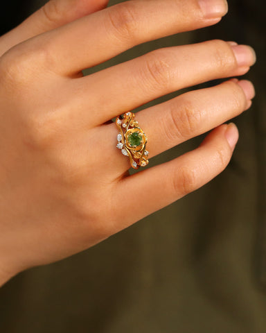 NIPOT Rose Blossom Moss Agate Leafy Engagement Ring Set