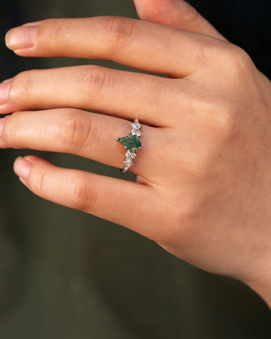 DARCIE Kite Cut Moss Agate Engagement Ring With Moissanite Side Stone
