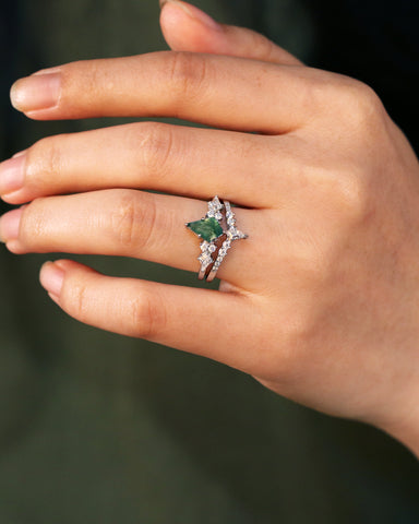 SIENNA Kite Cut Moss Agate Bridal Ring Set Nature Inspired Unique Ring Set
