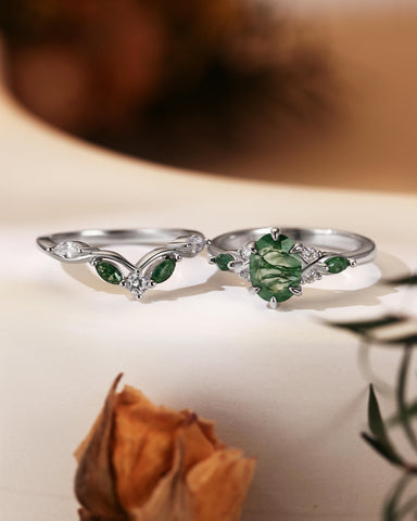 WINONA Oval Moss Agate Engagement Ring Set Cluster Moissanite Moss Agate Bridal Set