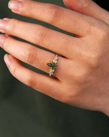 DARCIE Kite Cut Moss Agate Engagement Ring With Moissanite Side Stone