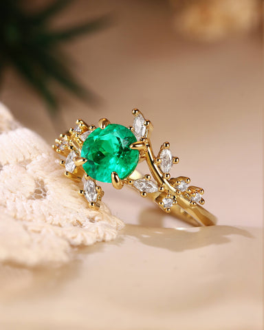 KNIGHT Nature Inspired Round Cut Emerald Branch Leafy Engagement Ring