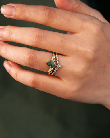 SIENNA Kite Cut Moss Agate Bridal Ring Set Nature Inspired Unique Ring Set