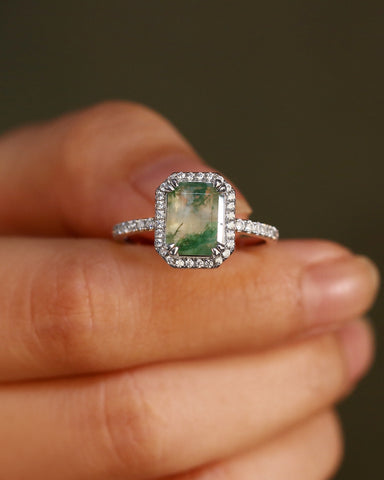 THISTLE Halo Emerald Shaped Moss Agate Engagement Ring