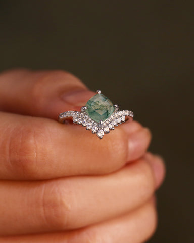 MOSSIRA Cushion Cut Moss Agate Cluster Engagement Ring