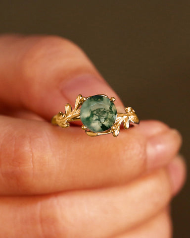 CHLORIS Round Cut Moss Agate Natural Inspired Leaf Engagement Ring