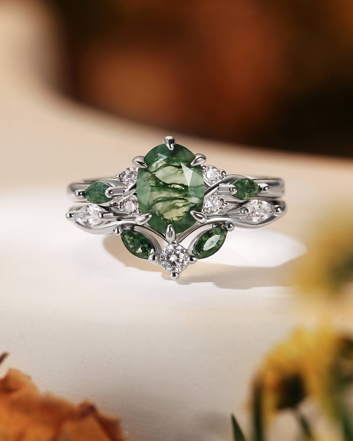 WINONA Oval Moss Agate Engagement Ring Set Cluster Moissanite Moss Agate Bridal Set