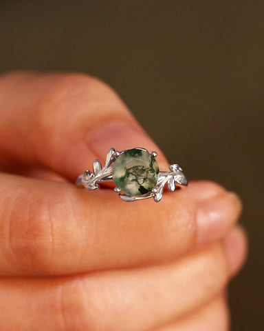 CHLORIS Round Cut Moss Agate Natural Inspired Leaf Engagement Ring