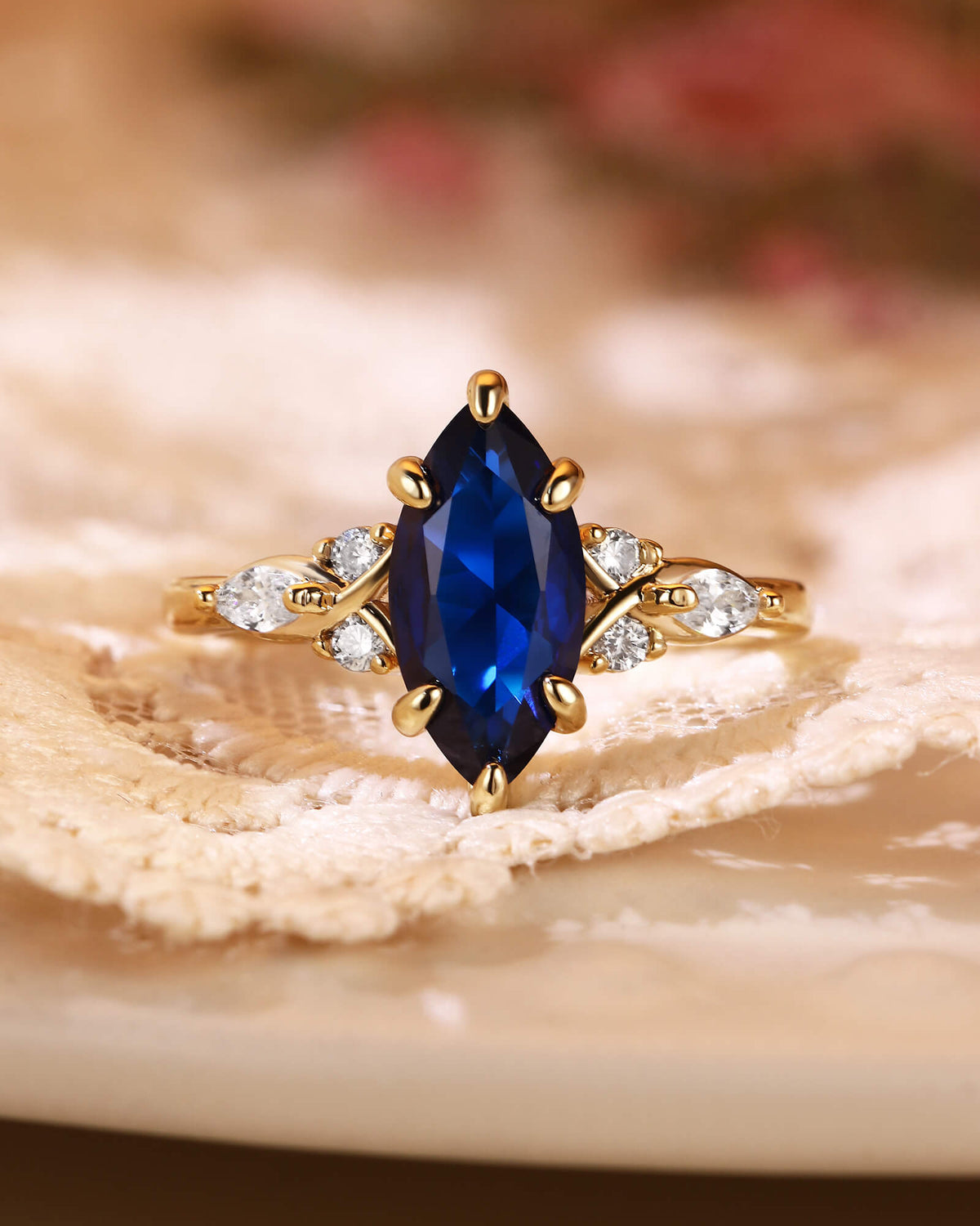 SAPPHIRA Vintage Marquise Cut Blue Sapphire Twist Cluster Engagement Ring