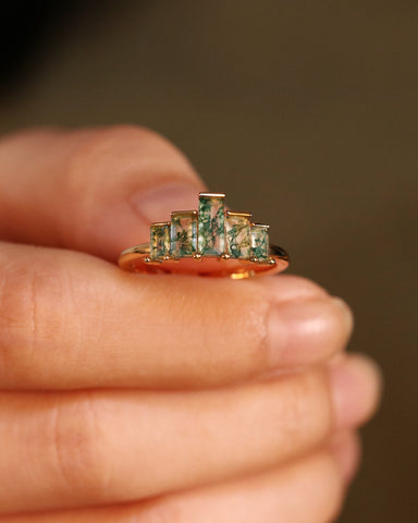 THALLAION Vintage abreast Baguette Moss Agate Engagement Ring