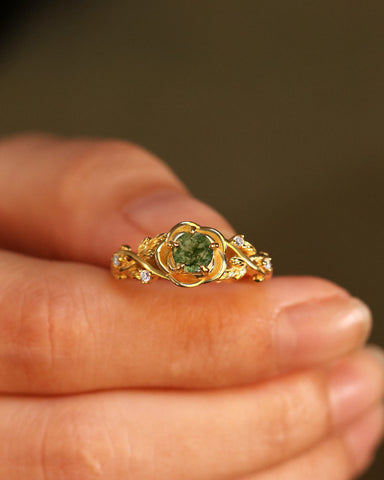AMORA Rose Encircled Moss Agate Leafy Engagement Ring