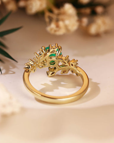 KNIGHT Nature Inspired Round Cut Emerald Branch Leafy Engagement Ring