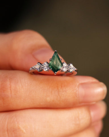 DARCIE Kite Cut Moss Agate Engagement Ring With Moissanite Side Stone