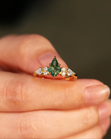 DARCIE Kite Cut Moss Agate Engagement Ring With Moissanite Side Stone