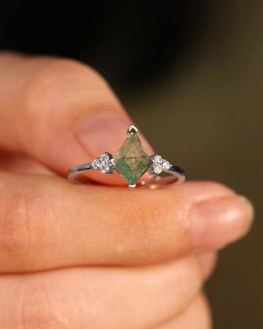 ELODIE One Of A Kind Kite Cut Moss Agate Engagement Ring