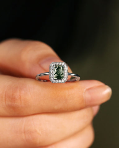 Emerald Shaped Solitaire Promise Ring Bezel Halo Moss Agate Engagement Ring