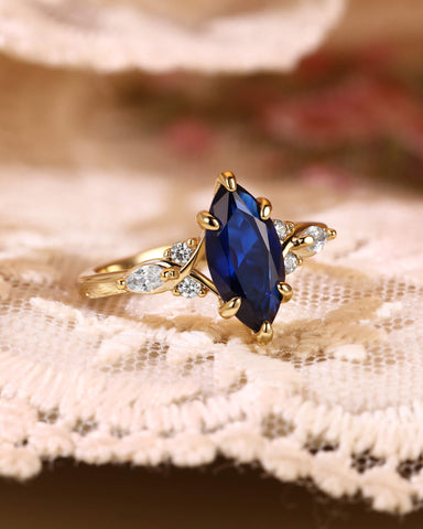 SAPPHIRA Vintage Marquise Cut Blue Sapphire Twist Cluster Engagement Ring