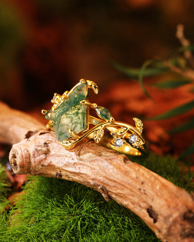 CORALIE Leaf Wrap Kite Cut Moss Agate Engagement Ring
