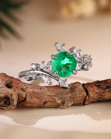 KNIGHT Nature Inspired Round Cut Emerald Branch Leafy Engagement Ring
