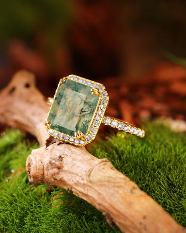 THISTLE Halo Emerald Shaped Moss Agate Engagement Ring