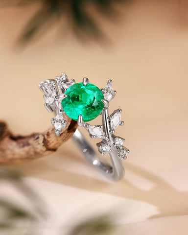 KNIGHT Nature Inspired Round Cut Emerald Branch Leafy Engagement Ring