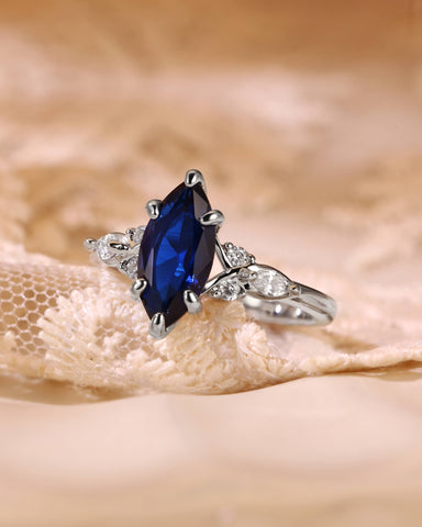 SAPPHIRA Vintage Marquise Cut Blue Sapphire Twist Cluster Engagement Ring