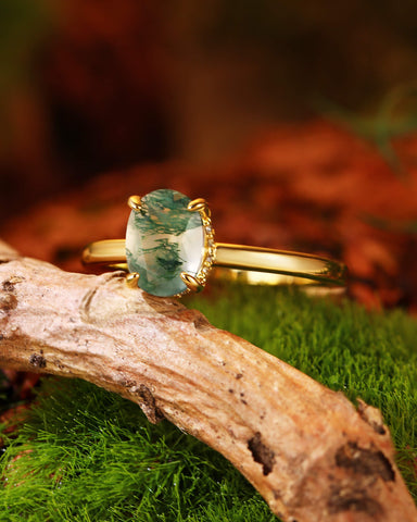ARIA Natural Moss Agate Oval Cut Engagement Ring