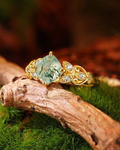 BREEZE Leaf Cushion Shaped Moss Agate Engagement Ring